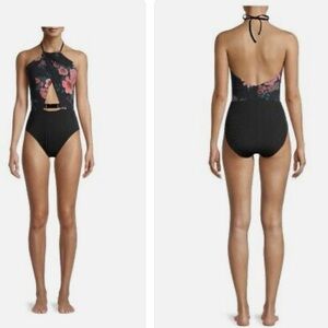 ✨NWT✨Time and Tru Black Floral Hardware One Piece Swimsuit High Leg Halter